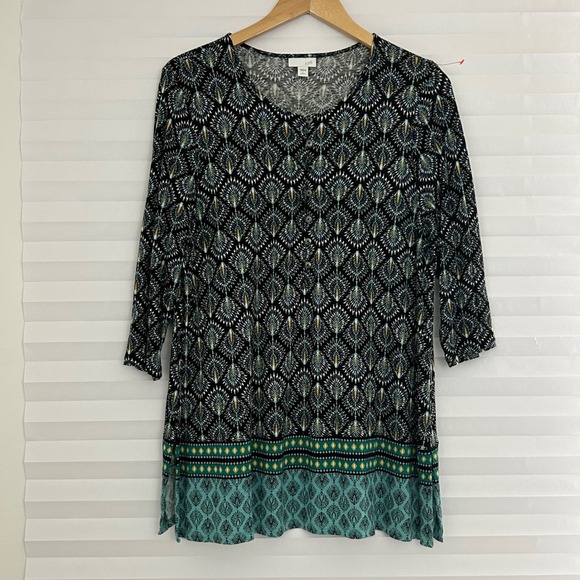 J. Jill Tops - J.‎ Jill Petite Large Peacock Print Henley Tunic Top Teal Black 3/4 Sleeve Rayon